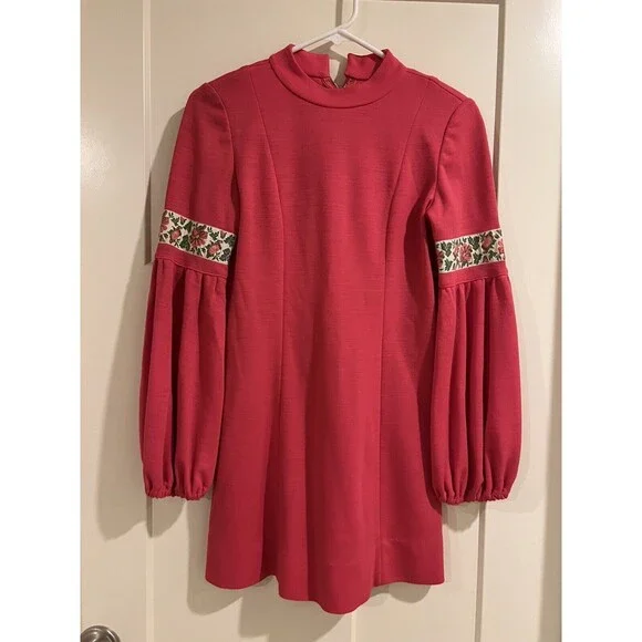 Vintage 70s Mini Sweater Dress Babydoll Balloon Sleeves Floral Trim - Picture 1 of 5